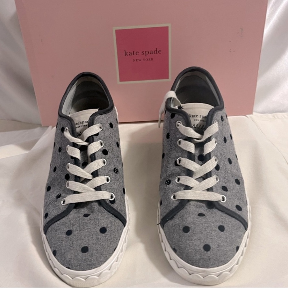 Kate Spade sneakers. Size 7. Black & gray polka dots. Great cond. Velvet laces